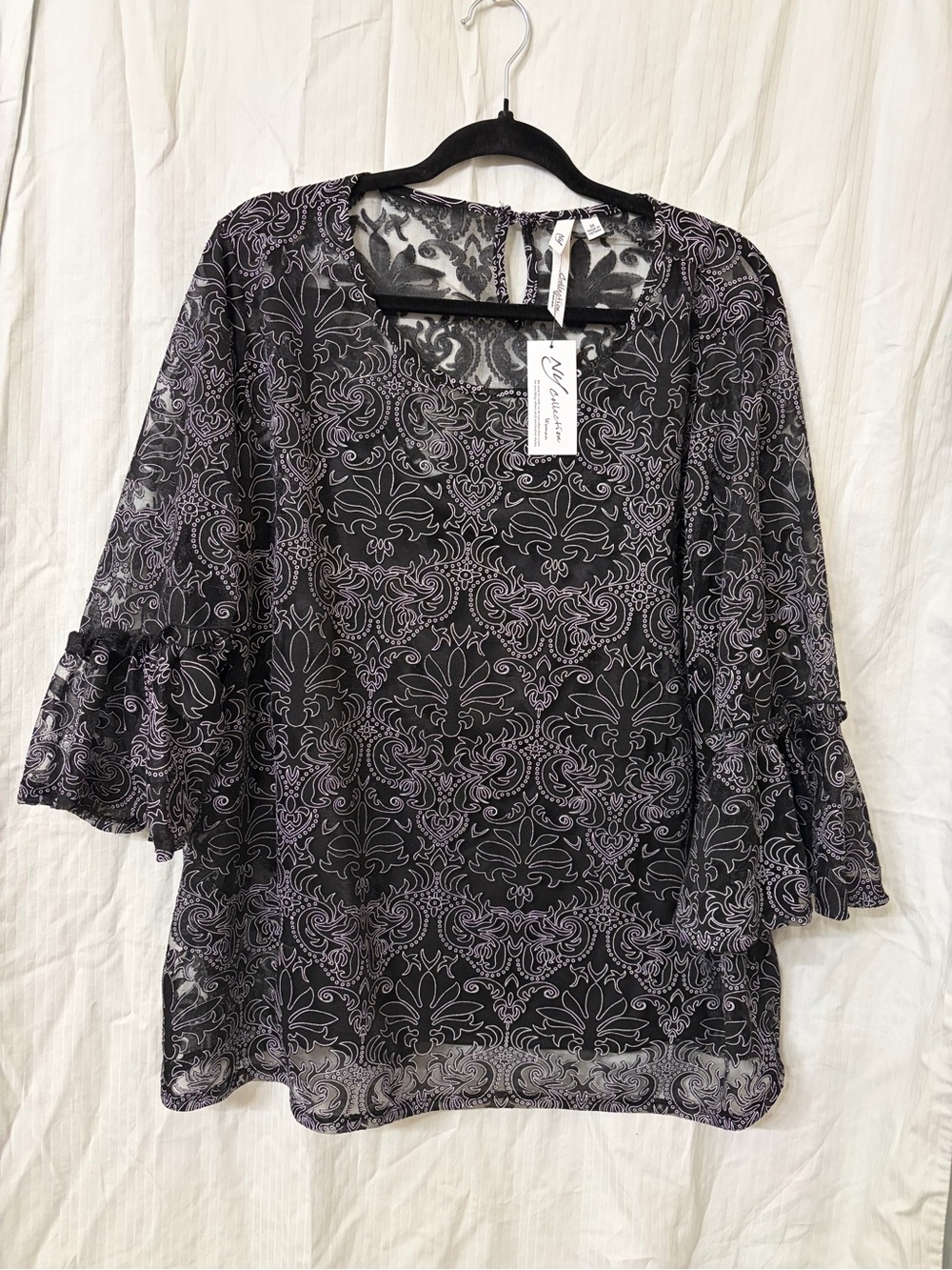 NY Collection Black Sheer Floral Medallion Blouse with Lilac Accents